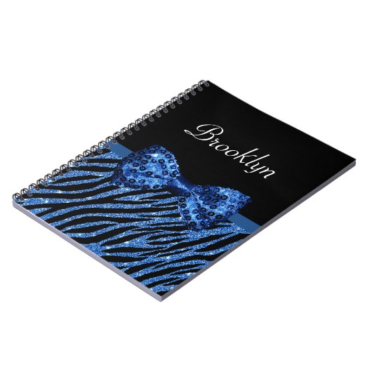 Trendy Blue Zebra print FAUX Glitz Bow met naam Notitieboek (Linkerzijde)