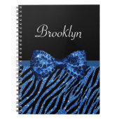 Trendy Blue Zebra print FAUX Glitz Bow met naam Notitieboek (Voorkant)