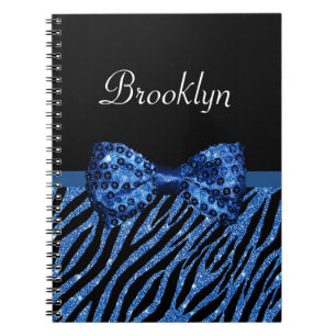 Trendy Blue Zebra print FAUX Glitz Bow met naam Notitieboek
