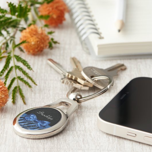 Trendy Blue Zebra print FAUX Glitz Bow met naam Sleutelhanger (Zijkant)