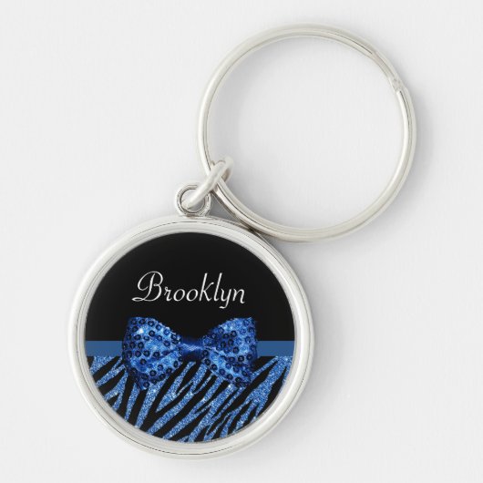 Trendy Blue Zebra print FAUX Glitz Bow met naam Sleutelhanger (Voorkant)