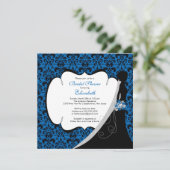 Trendy Bluet Damask Bride Vrijgezellenfeest Invite Kaart (Staand voorkant)
