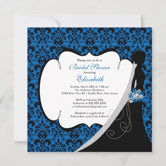 Trendy Bluet Damask Bride Vrijgezellenfeest Invite Kaart (Voorkant)