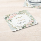 Trendy blush bloemengoud lijst eucalyptus bruiloft kartonnen onderzetters (Schuin)