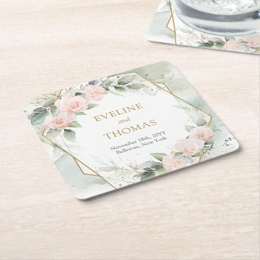 Trendy blush bloemengoud lijst eucalyptus bruiloft kartonnen onderzetters (Schuin)