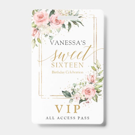 Trendy blush bloemengoud sparkles salie zoet 16e badge (Voorzijde)