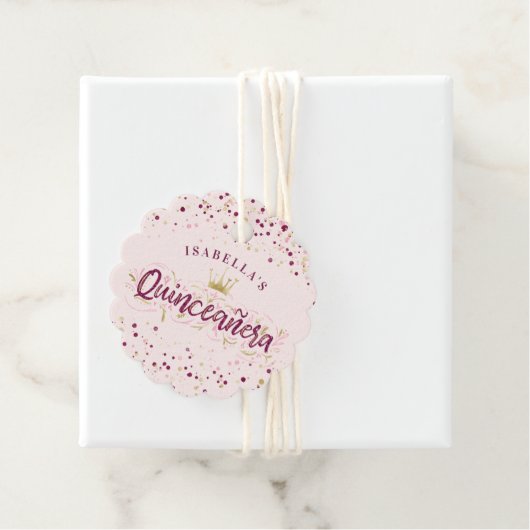 Trendy Blush Burgundy & Gold Confetti Quinceañera Bedankjes Labels (In situ)