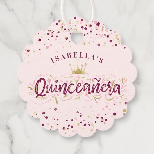 Trendy Blush Burgundy & Gold Confetti Quinceañera Bedankjes Labels (Achterkant)