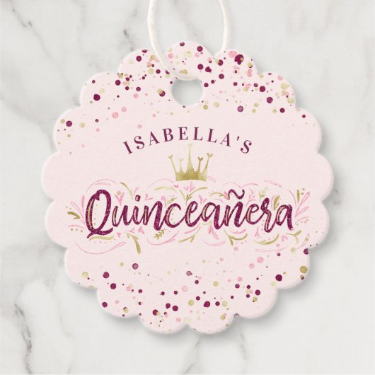 Trendy Blush Burgundy & Gold Confetti Quinceañera Bedankjes Labels (Voorkant)