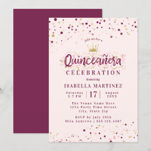 Trendy Blush Burgundy & Gold Confetti Quinceañera Kaart