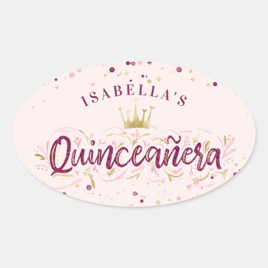 Trendy Blush Burgundy & Gold Confetti Quinceañera Ovale Sticker (Voorkant)