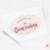 Trendy Blush Burgundy & Gold Confetti Quinceañera Ovale Sticker (Envelop)