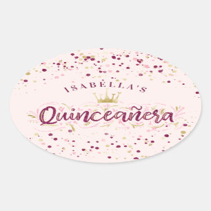 Trendy Blush Burgundy & Gold Confetti Quinceañera Ovale Sticker