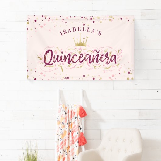 Trendy Blush Burgundy & Gold Confetti Quinceañera Spandoek (Insitu)