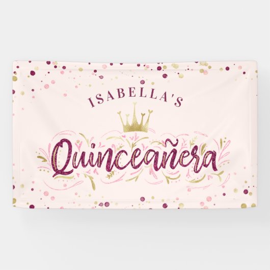 Trendy Blush Burgundy & Gold Confetti Quinceañera Spandoek (Horizontaal)