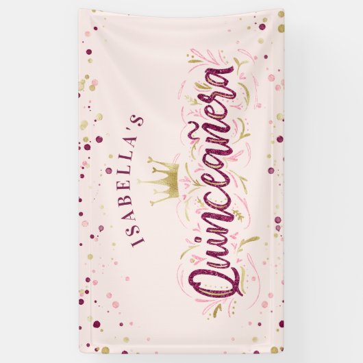 Trendy Blush Burgundy & Gold Confetti Quinceañera Spandoek (Verticaal)