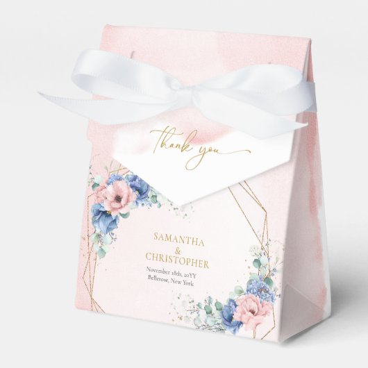 Trendy blush en blauw bloemeneucalyptus gouden lij bedankdoosjes (Voorkant Zijde)