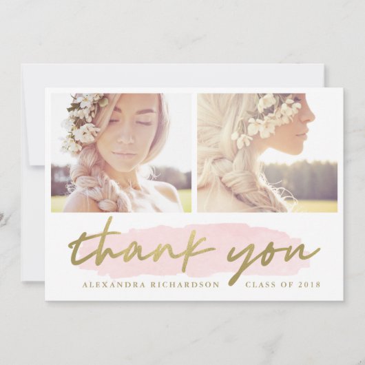 Trendy Blush en Gold Twee Foto Dank U Bedankkaart (Voorkant)