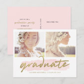 Trendy Blush en Goud Twee Foto Graduation Party Uitnodiging Briefkaart (Voorkant / Achterkant)