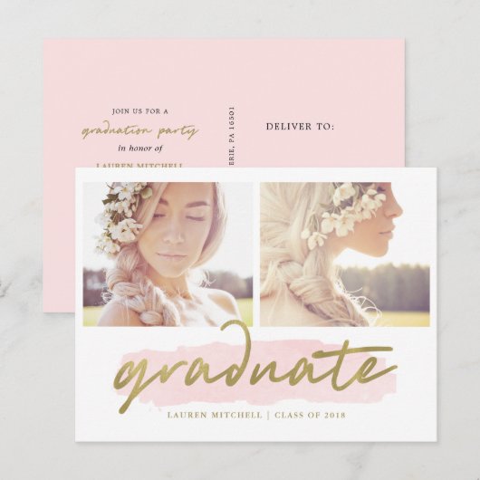 Trendy Blush en Goud Twee Foto Graduation Party Uitnodiging Briefkaart (Voorkant / Achterkant)