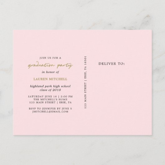 Trendy Blush en Goud Twee Foto Graduation Party Uitnodiging Briefkaart (Achterkant)