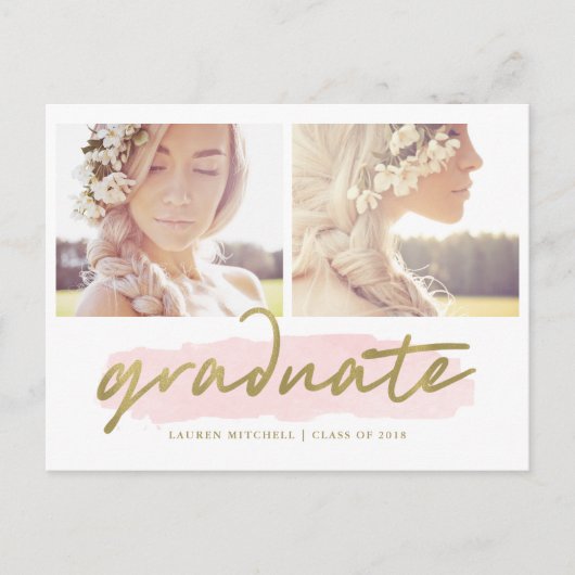 Trendy Blush en Goud Twee Foto Graduation Party Uitnodiging Briefkaart (Voorkant)