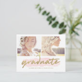 Trendy Blush en Goud Twee Foto Graduation Party Uitnodiging Briefkaart (Staand voorkant)