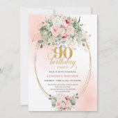 Trendy Blush Floral Gold Boho 90th Birthday Invite Kaart (Voorkant)