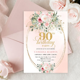 Trendy Blush Floral Gold Boho 90th Birthday Invite Kaart