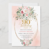 Trendy Blush Floral Gold Boho 90th Birthday Invite Kaart (Voorkant)