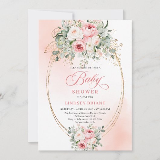 Trendy Blush Floral Greenery Baby Shower Invite Kaart (Voorkant)