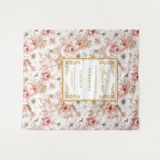 Trendy blush ivoor gouden waterverf bruiloft banne wandkleed (Voorkant (horizontaal))