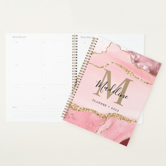 Trendy Blush Pink Agate Geode Gold Script Monogram Planner (Display)
