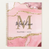 Trendy Blush Pink Agate Geode Gold Script Monogram Planner (Voorkant)