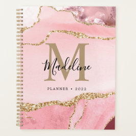 Trendy Blush Pink Agate Geode Gold Script Monogram Planner