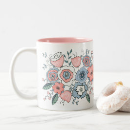 Trendy Blush Pink Blue Boho Flowers Tweekleurige Koffiemok