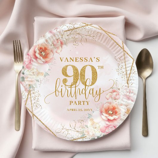 Trendy Blush Pink Floral Gold 90th Birthday Papieren Bordje