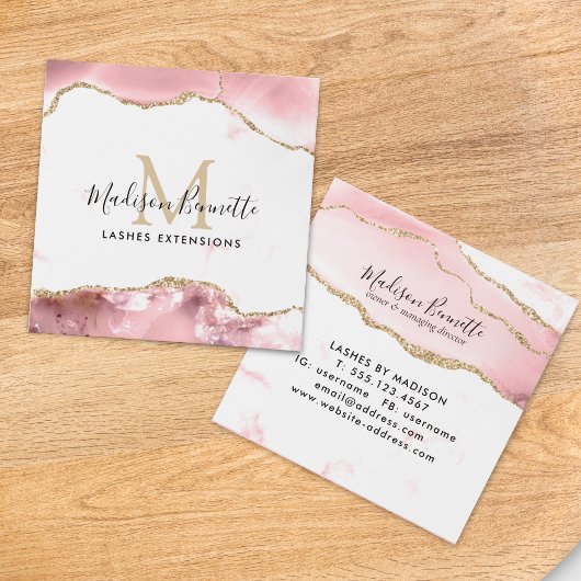 Trendy Blush Pink Gold Glitter Agate Monogram Vierkante Visitekaartje