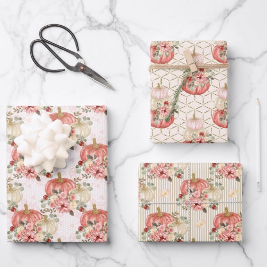Trendy Blush Pink Peach Cream Bloemenpompoen Inpakpapier Vel (Voorkant)