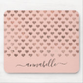Trendy Blush Pink Rose Gold Hearts Script Naam Muismat (Voorkant)