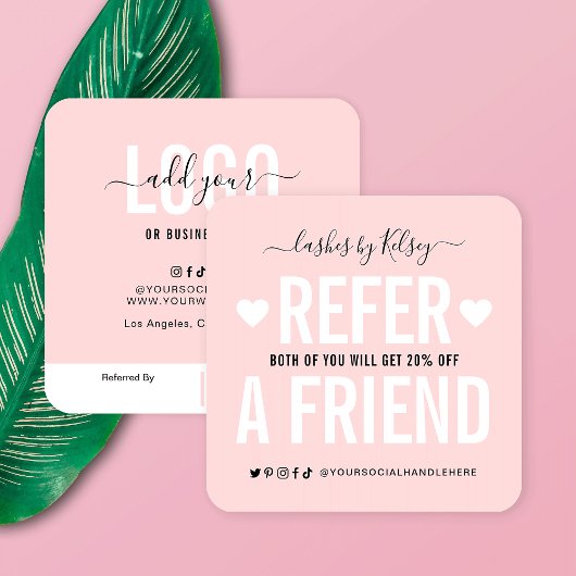 Trendy Blush Pink Verwijs Een Vriend Logo Verwijzi Vierkante Visitekaartje