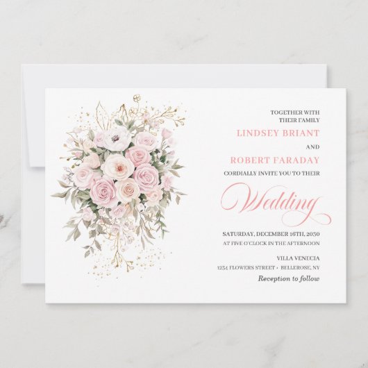 Trendy Blush Roses Greenery Wedding Invitation Kaart (Voorkant)