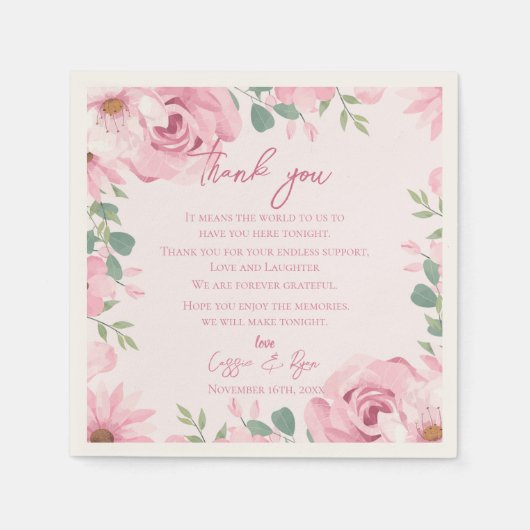 Trendy Blush Roze Bloemen Huwelijk Bedankt Bericht Servet (Voorkant)