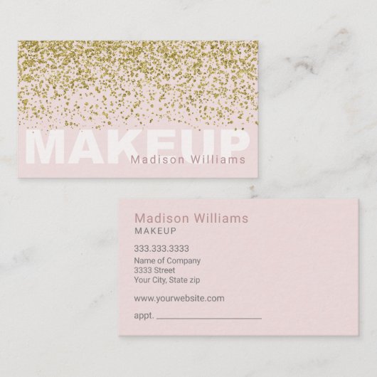 Trendy Blush Roze en Gouden Glitter Make-up Visitekaartje (Voorkant / Achterkant)