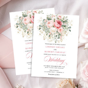 Trendy Blush Roze Gouden Bloemen Bruiloftsinvatie Kaart