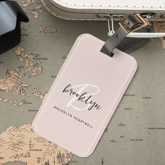 Trendy Blush Roze Grijs Script Monogram Naam Bagagelabel