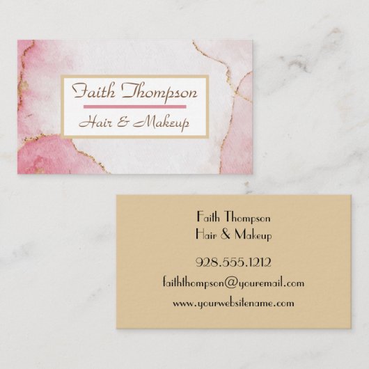 Trendy Blush Roze Marmer Goud Haar Stylist Visitekaartje (Voorkant / Achterkant)