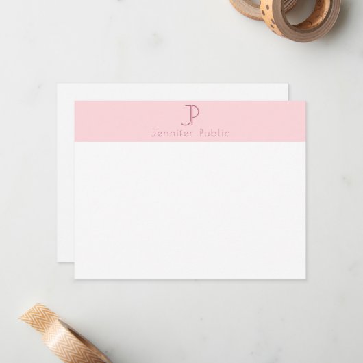 Trendy Blush Roze Monogram Elegant Eenvoudig Ontwe Notitiekaartje (Voorkant / Achterkant in situ)