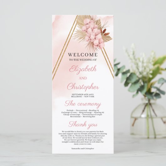 Trendy Blush Roze Orchidee Gedroogde Palm Gouden B Programmakaart (Staand voorkant)