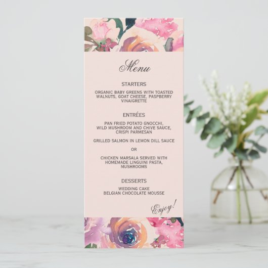 Trendy Blush Roze Waterverf Bruiloft Diner Menu (Staand voorkant)